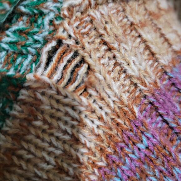 Vintage Hand Loomed Knit Cardigan Sweater Green Marled Rainbow Stripe 70s Medium - Picture 12 of 16